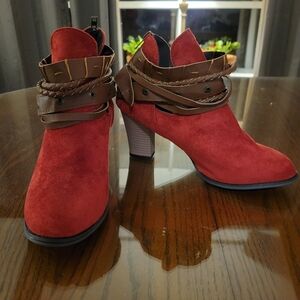 Red Suede Heeled Boots with Brown Accents